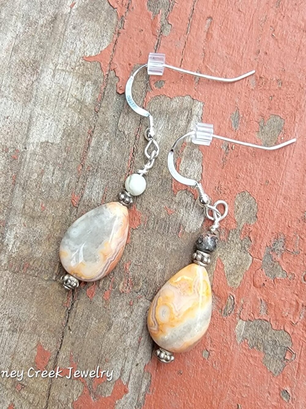 Lake Agate Drop Earrings with Warm Peach Banding, Handmade Boho Stone Jewelry